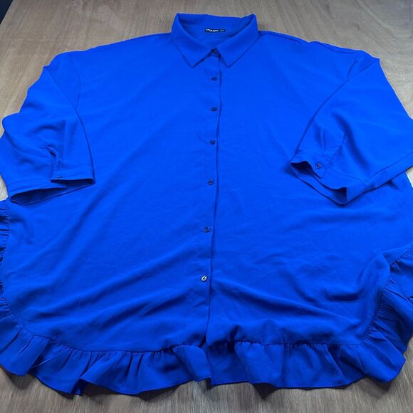 SHEIN Tops - SHEIN Curve 7X Blue Button Front Blouse Ruffle Hem Plus Size 28/30